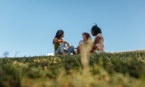 friends gathering outdoors sitting on grass